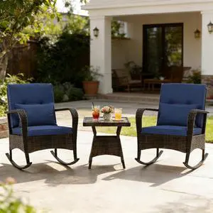 COSTWAY Outdoor Rocking Chairs Set of 2, 3 Piece PE Wicker Patio Bistro Set with Coffee Table & Thick Cushions, Rattan Patio Rocker Furniture for Front Porch Lawn Garden Backyard Deck Poolside (Navy) COSTWAY Outdoor Rocking Chairs Set of 2, 3 Piece PE Wicker Patio Bistro Set with Coffee Table & Thick Cushions, Rattan Patio Rocker Furniture for Front Porch Lawn Garden Backyard Deck Poolside (Navy)