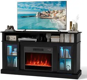 COSTWAY Electric Fireplace TV Stand for TVs Up to 65 Inches with LED Lights, Remote Controls, Adjustable Shelves, 1400W Heater Insert 6H Timer, 3-Level Flame, Black COSTWAY Electric Fireplace TV Stand for TVs Up to 65 Inches with LED Lights, Remote Controls, Adjustable Shelves, 1400W Heater Insert 6H Timer, 3-Level Flame, Black