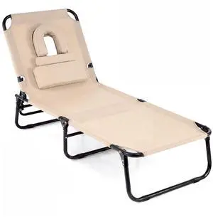 COSTWAY Tanning Chair with Face Hole, Pillows & Adjustable Backrest, Folding Chaise Lounge for Sunbathing, Beach, Seaside (1, Beige) COSTWAY Tanning Chair with Face Hole, Pillows & Adjustable Backrest, Folding Chaise Lounge for Sunbathing, Beach, Seaside (1, Beige)