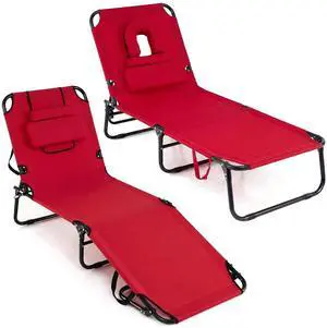 COSTWAY Tanning Chair with Face Hole, Pillows & Adjustable Backrest, Portable with Carrying Bag, Folding Beach Chaise Lounge for Sunbathing, Seaside (2, Red) COSTWAY Tanning Chair with Face Hole, Pillows & Adjustable Backrest, Portable with Carrying Bag, Folding Beach Chaise Lounge for Sunbathing, Seaside (2, Red)