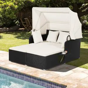 COSTWAY Outdoor Daybed with Retractable Canopy, Wicker Patio Furniture Set with Cushioned Pillows, Patio Rattan Daybed for Deck, Backyard, Poolside (White) COSTWAY Outdoor Daybed with Retractable Canopy, Wicker Patio Furniture Set with Cushioned Pillows, Patio Rattan Daybed for Deck, Backyard, Poolside (White)