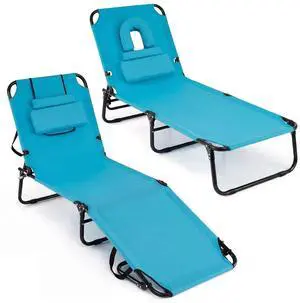 COSTWAY Tanning Chair with Face Hole, Pillows & Adjustable Backrest, Portable with Carrying Bag, Folding Beach Chaise Lounge for Sunbathing, Seaside (2, Turquoise) COSTWAY Tanning Chair with Face Hole, Pillows & Adjustable Backrest, Portable with Carrying Bag, Folding Beach Chaise Lounge for Sunbathing, Seaside (2, Turquoise)