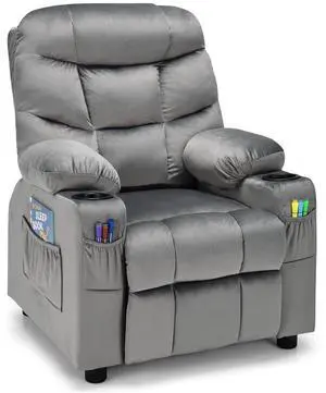 COSTWAY Larger Kids Recliner Chair, Adjustable Lounge Recliner w/ 2 Cup Holders, 1 Side Pocket, 2 Front Pockets, Footrest, Velvet Fabric Recliner for Boys & Girls, Ideal for Bedroom (Grey) COSTWAY Larger Kids Recliner Chair, Adjustable Lounge Recliner w/ 2 Cup Holders, 1 Side Pocket, 2 Front Pockets, Footrest, Velvet Fabric Recliner for Boys & Girls, Ideal for Bedroom (Grey)
