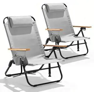 2 Pack Premium 5-Position Reclining Camping Chair - Portable Folding Lightweight Outdoor Chair with Wooden Armrests, Headrest & Pockets, 350lbs Heavy Duty for Beach, Patio, Light Grey 2 Pack Premium 5-Position Reclining Camping Chair - Portable Folding Lightweight Outdoor Chair with Wooden Armrests, Headrest & Pockets, 350lbs Heavy Duty for Beach, Patio, Light Grey
