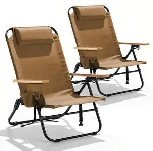 2 Pack Premium 5-Position Reclining Camping Chair - Portable Folding Lightweight Outdoor Chair with Wooden Armrests, Headrest & Pockets, 350lbs Heavy Duty for Beach, Patio, Backyard, Brown 2 Pack Premium 5-Position Reclining Camping Chair - Portable Folding Lightweight Outdoor Chair with Wooden Armrests, Headrest & Pockets, 350lbs Heavy Duty for Beach, Patio, Backyard, Brown