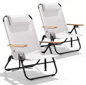 2 Pack Premium 5-Position Reclining Camping Chair - Portable Folding Lightweight Outdoor Chair with Wooden Armrests, Headrest & Pockets, 350lbs Heavy Duty for Beach, Patio, Cream White 2 Pack Premium 5-Position Reclining Camping Chair - Portable Folding Lightweight Outdoor Chair with Wooden Armrests, Headrest & Pockets, 350lbs Heavy Duty for Beach, Patio, Cream White