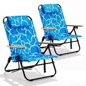 2 Pack Premium 5-Position Reclining Camping Chair Portable Folding Lightweight Outdoor Chair with Wooden Armrests, Headrest & Pockets, 350lbs Heavy Duty for Beach, Patio, Ocean Wave Blue 2 Pack Premium 5-Position Reclining Camping Chair Portable Folding Lightweight Outdoor Chair with Wooden Armrests, Headrest & Pockets, 350lbs Heavy Duty for Beach, Patio, Ocean Wave Blue