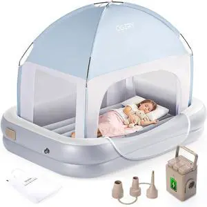 OGERY Inflatable Toddler Travel Bed with Tent, Cordless Rechargeable Electric Pump, Portable Kids Air Mattress with 4-Sided Safety Bumpers for Home, Travel & Camping OGERY Inflatable Toddler Travel Bed with Tent, Cordless Rechargeable Electric Pump, Portable Kids Air Mattress with 4-Sided Safety Bumpers for Home, Travel & Camping