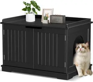 Cat Litter Box Enclosure Furniture Hidden Wooden Washroom Litter Box Cabinet, Indoor Cat House with Removable Divider, as Table Nightstand Storage Bench (Black) Cat Litter Box Enclosure Furniture Hidden Wooden Washroom Litter Box Cabinet, Indoor Cat House with Removable Divider, as Table Nightstand Storage Bench (Black)