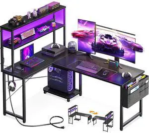 AODK L Shaped Desk Gaming Desk with LED Light & Power Outlet, 53 Inch Reversible L Shaped Computer Table with Shelf & Storage Bag & Hook for Home Office, Black AODK L Shaped Desk Gaming Desk with LED Light & Power Outlet, 53 Inch Reversible L Shaped Computer Table with Shelf & Storage Bag & Hook for Home Office, Black