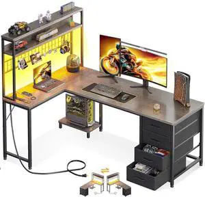 AODK L Shaped Desk Gaming Desk with LED Light & Power Outlet, 59 Inch Reversible L Shaped Computer Table with 4 Drawers for Home Office, Grey AODK L Shaped Desk Gaming Desk with LED Light & Power Outlet, 59 Inch Reversible L Shaped Computer Table with 4 Drawers for Home Office, Grey