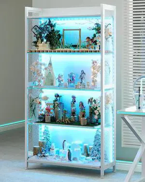 AODK Display Case with LED Lights, Display Cabinet with Glass Storage Shelves, 4-Tier Curio Cabinet for Collectibles with Open Shelf, White Book Shelf AODK Display Case with LED Lights, Display Cabinet with Glass Storage Shelves, 4-Tier Curio Cabinet for Collectibles with Open Shelf, White Book Shelf
