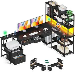 AODK 71 inch L Shaped Desk with 5 Drawers, Reversible L Shaped Gaming Desk with LED Light & 2 Power Outlets, Computer Desk with Storage Shelves for Home Office, Black AODK 71 inch L Shaped Desk with 5 Drawers, Reversible L Shaped Gaming Desk with LED Light & 2 Power Outlets, Computer Desk with Storage Shelves for Home Office, Black