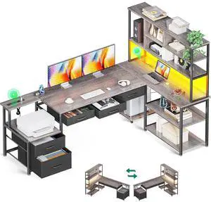 AODK 79 inch L Shaped Desk with 5 Drawers, Reversible L Shaped Gaming Desk with LED Light & 2 Power Outlets, Computer Desk with Storage Shelves for Home Office, Grey Oak AODK 79 inch L Shaped Desk with 5 Drawers, Reversible L Shaped Gaming Desk with LED Light & 2 Power Outlets, Computer Desk with Storage Shelves for Home Office, Grey Oak