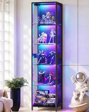 AODK 72" Tall Display Case with LED Lights, Corner Display Cabinet with Open Glass Shelves, 5-Tier Display Shelf with Industrial Mesh Sides, Curio Cabinet Shelf for Collectibles AODK 72" Tall Display Case with LED Lights, Corner Display Cabinet with Open Glass Shelves, 5-Tier Display Shelf with Industrial Mesh Sides, Curio Cabinet Shelf for Collectibles