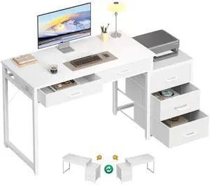 ODK Computer Desk with 5 Drawers, 53 Inch Office Desk with Printer Shelf, Reversible Vanity Desk for Home Bedroom, Writing Table Desk for Storage, White ODK Computer Desk with 5 Drawers, 53 Inch Office Desk with Printer Shelf, Reversible Vanity Desk for Home Bedroom, Writing Table Desk for Storage, White