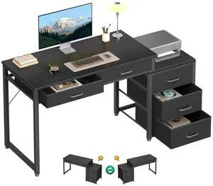ODK Computer Desk with 5 Drawers, 53 Inch Office Desk with Printer Shelf, Reversible Gaming Desk for Home Bedroom, Writing Table Desk with for Storage, Black ODK Computer Desk with 5 Drawers, 53 Inch Office Desk with Printer Shelf, Reversible Gaming Desk for Home Bedroom, Writing Table Desk with for Storage, Black