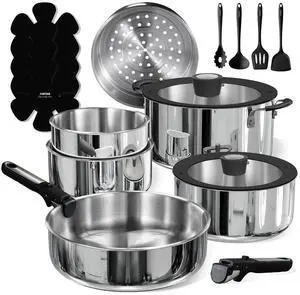 18pcs Stainless Steel Cookware Set with Detachable Handle, Nonstick Pots and Pans Set, Induction Kitchen Cookware Sets with Removable Handle, RV Cookware Set, Oven Safe, Camping Cookware, Black 18pcs Stainless Steel Cookware Set with Detachable Handle, Nonstick Pots and Pans Set, Induction Kitchen Cookware Sets with Removable Handle, RV Cookware Set, Oven Safe, Camping Cookware, Black