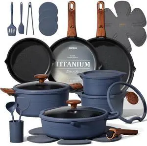 30-Piece Titanium Cookware Set, Nonstick Pots and Pans Set with Detachable Handle, RV Kitchen Cooking Set, Camping Use, Induction Compatible, Dishwasher & Oven Safe 30-Piece Titanium Cookware Set, Nonstick Pots and Pans Set with Detachable Handle, RV Kitchen Cooking Set, Camping Use, Induction Compatible, Dishwasher & Oven Safe