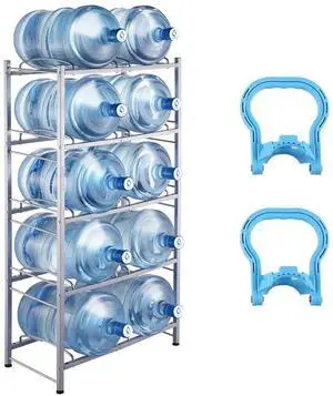 5 Tiers Water Jug Holder, 5 Gallon Water Bottle Holder, Double Row Water Bottle Rack for 10 Bottles, Heavy Duty Water Jug Rack for Kitchen, Office, Living Room, Silver Gray 5 Tiers Water Jug Holder, 5 Gallon Water Bottle Holder, Double Row Water Bottle Rack for 10 Bottles, Heavy Duty Water Jug Rack for Kitchen, Office, Living Room, Silver Gray
