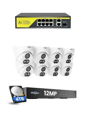 1*Hiseeu 12MP Dome PoE Camera System+1* Hiseeu PoE Switch w/8 Ports 2 Ethernet Uplink Ports 1*Hiseeu 12MP Dome PoE Camera System+1* Hiseeu PoE Switch w/8 Ports 2 Ethernet Uplink Ports