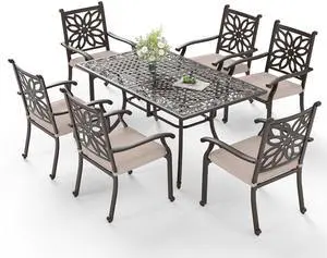 7 Pieces Cast Aluminium Patio Dining Furniture Set for 6, Powder-Coating Outdoor Dining Chairs and Rectangular Table with 2.3" Umbrella Hole for Porch Backyard Deck, Bronze 7 Pieces Cast Aluminium Patio Dining Furniture Set for 6, Powder-Coating Outdoor Dining Chairs and Rectangular Table with 2.3" Umbrella Hole for Porch Backyard Deck, Bronze