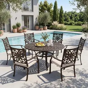 7 Pieces Cast Aluminium Patio Dining Furniture Set for 6, Powder-Coating Outdoor Dining Chairs and Round Table with 2.2" Umbrella Hole for Porch Backyard Deck, Bronze 7 Pieces Cast Aluminium Patio Dining Furniture Set for 6, Powder-Coating Outdoor Dining Chairs and Round Table with 2.2" Umbrella Hole for Porch Backyard Deck, Bronze