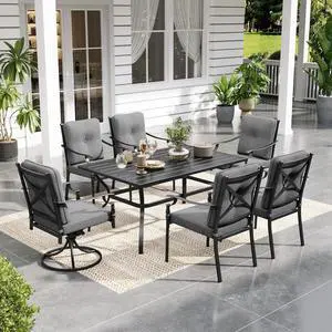 7 Piece Outdoor Patio Dining Set, Patio Table and Chairs Set for 6, Fixed and Swivel Patio Chairs with Cushions and Rectangular Table, Outdoor Dining Set for Backyard, Poolside 7 Piece Outdoor Patio Dining Set, Patio Table and Chairs Set for 6, Fixed and Swivel Patio Chairs with Cushions and Rectangular Table, Outdoor Dining Set for Backyard, Poolside