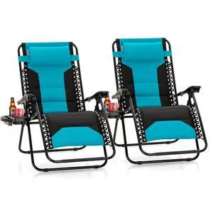 Oversized Zero Gravity Chair Set of 2 Padded, Folding Lounge Chair with Wide Armrest and Cup Holder, Support 400 LBS, Aqua Blue Oversized Zero Gravity Chair Set of 2 Padded, Folding Lounge Chair with Wide Armrest and Cup Holder, Support 400 LBS, Aqua Blue