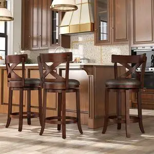 Swivel Bar Stools Set of 3, 26 Inch Counter Height Barstools with Cross Back & Solid Wood Legs,Modern Faux Leather Bar Chairs for Kitchen Island Swivel Bar Stools Set of 3, 26 Inch Counter Height Barstools with Cross Back & Solid Wood Legs,Modern Faux Leather Bar Chairs for Kitchen Island
