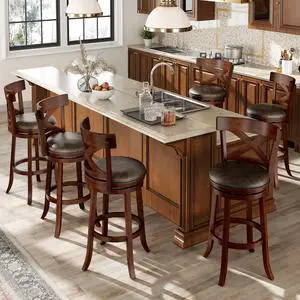 Swivel Bar Stools Set of 6, 30 Inch Bar Height Barstools with Cross Back & Solid Wood Legs, Kitchen Island Bar Chairs, Brown Swivel Bar Stools Set of 6, 30 Inch Bar Height Barstools with Cross Back & Solid Wood Legs, Kitchen Island Bar Chairs, Brown