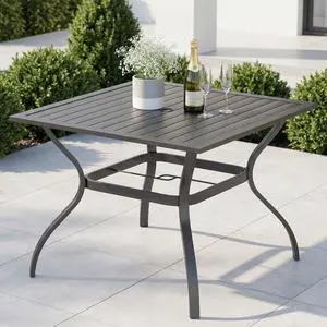 37" Patio Table for 4, Metal Outdoor Dining Table with E-Coating, Square Steel Slated Outdoor Table with 1.57" Umbrella Hole for Garden Backyard, Black 37" Patio Table for 4, Metal Outdoor Dining Table with E-Coating, Square Steel Slated Outdoor Table with 1.57" Umbrella Hole for Garden Backyard, Black