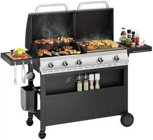 Propane Gas Grill and Griddle Combo with Porcelain-Enameled Cast Iron Grates, Dual Outdoor BBQ Grill with Flat Top Griddle for Barbecue, 696 SQ.IN. Cooking Area Propane Gas Grill and Griddle Combo with Porcelain-Enameled Cast Iron Grates, Dual Outdoor BBQ Grill with Flat Top Griddle for Barbecue, 696 SQ.IN. Cooking Area
