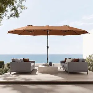 15 ft Extra Large Patio Umbrella with Base Included, Rectangular Outdoor Umbrella Heavy Duty, Market Umbrella Double-sided Fade Resistant for Pool Garden Backyard, Maillard Tawny 15 ft Extra Large Patio Umbrella with Base Included, Rectangular Outdoor Umbrella Heavy Duty, Market Umbrella Double-sided Fade Resistant for Pool Garden Backyard, Maillard Tawny