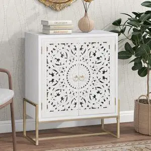 Accent Cabinet with Doors, White Distressed Storage Cabinet Display Cabinet with 2 Hollow-Carved Doors and Metal Legs for Living Room Entryway Accent Cabinet with Doors, White Distressed Storage Cabinet Display Cabinet with 2 Hollow-Carved Doors and Metal Legs for Living Room Entryway