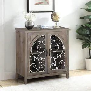 Accent Cabinet with 2 Doors, Distressed Storage Cabinet with Wire Hollowed Window for Entryway, Living Room Accent Cabinet with 2 Doors, Distressed Storage Cabinet with Wire Hollowed Window for Entryway, Living Room