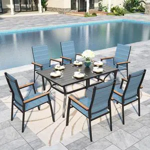Patio Table and Chairs Set 7 Pieces, 6 Aluminium Patio Dining Chairs with 60" x 38" Metal Dining Table, Stackable and Easy to Move for Outdoor Garden Lawn (Blue) Patio Table and Chairs Set 7 Pieces, 6 Aluminium Patio Dining Chairs with 60" x 38" Metal Dining Table, Stackable and Easy to Move for Outdoor Garden Lawn (Blue)