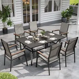 Patio Table and Chairs Set 7 Pieces, 6 Aluminium Patio Dining Chairs with 60" x 38" Metal Dining Table, Stackable and Easy to Move for Outdoor Garden Lawn (Grey) Patio Table and Chairs Set 7 Pieces, 6 Aluminium Patio Dining Chairs with 60" x 38" Metal Dining Table, Stackable and Easy to Move for Outdoor Garden Lawn (Grey)