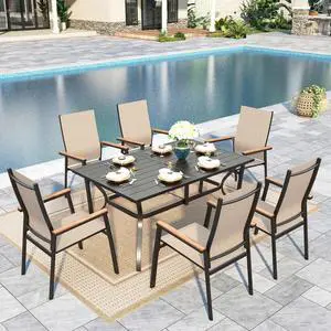 Patio Table and Chairs Set 7 Pieces, 6 Aluminium Patio Dining Chairs with 60" x 38" Metal Dining Table, Stackable and Easy to Move for Outdoor Garden Lawn (Beige) Patio Table and Chairs Set 7 Pieces, 6 Aluminium Patio Dining Chairs with 60" x 38" Metal Dining Table, Stackable and Easy to Move for Outdoor Garden Lawn (Beige)