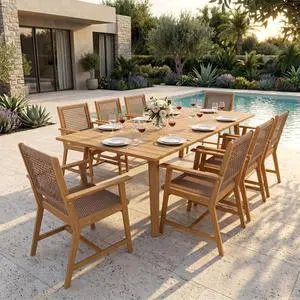 Outdoor Dining Set, Patio Furniture Set with Table and Chairs Set Wooden, Rattan Furniture Set of 8 Chairs and 1 Acacia Wood Rectangular Table for Yard, Garden, Porch and Poolside Outdoor Dining Set, Patio Furniture Set with Table and Chairs Set Wooden, Rattan Furniture Set of 8 Chairs and 1 Acacia Wood Rectangular Table for Yard, Garden, Porch and Poolside