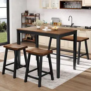 Dining Table Set for 4, Counter Height Table and Chairs, Kitchen Table Set with Bench and 2 Chairs, Small Breakfast Bar Dining Set, Walnut & Black Dining Table Set for 4, Counter Height Table and Chairs, Kitchen Table Set with Bench and 2 Chairs, Small Breakfast Bar Dining Set, Walnut & Black