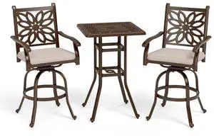 3 Pieces Cast Aluminum Patio Bar Set, Square Outdoor Bar Table and 2 Swivel Bar Counter Height Chairs Set, Modern Patio Pub Bistro Set with Outdoor Stools 3 Pieces Cast Aluminum Patio Bar Set, Square Outdoor Bar Table and 2 Swivel Bar Counter Height Chairs Set, Modern Patio Pub Bistro Set with Outdoor Stools