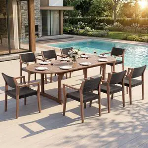 Patio Outdoor Table and Chairs Set, Patio Dining Sets for 8, 9 Pieces Patio Table Set Acacia Wood Table Expandable and Rattan Chairs for Backyard Deck Porch Outside Patio Outdoor Table and Chairs Set, Patio Dining Sets for 8, 9 Pieces Patio Table Set Acacia Wood Table Expandable and Rattan Chairs for Backyard Deck Porch Outside