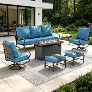 Patio Furniture Sets with 45" Gas Fire Pit Table for 7 Outdoor Conversation Sets 6 Pcs, 2 x Swivel Cushioned Sofa Chairs, 1x3-Seat Sofa, 2xOttomans for Backyard Poolside Peacock Blue Patio Furniture Sets with 45" Gas Fire Pit Table for 7 Outdoor Conversation Sets 6 Pcs, 2 x Swivel Cushioned Sofa Chairs, 1x3-Seat Sofa, 2xOttomans for Backyard Poolside Peacock Blue