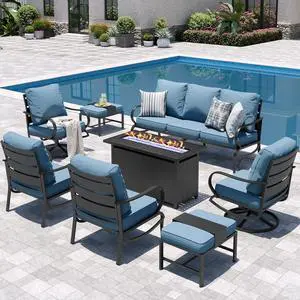 Patio Furniture Sets for 9 with 45" Gas Fire Pit Table Outdoor Conversation Sets 8 Pcs, 2xSofa Chairs, 2xSwivel Cushion Chairs, 1x3-Seat Sofa, 2xOttomans for Porch Poolside Navy Patio Furniture Sets for 9 with 45" Gas Fire Pit Table Outdoor Conversation Sets 8 Pcs, 2xSofa Chairs, 2xSwivel Cushion Chairs, 1x3-Seat Sofa, 2xOttomans for Porch Poolside Navy
