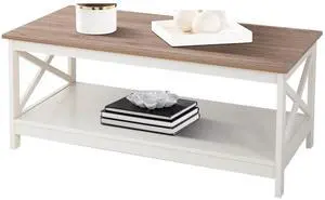 Farmhouse Coffee Table with Storage Shelf for Living Room, Ivory Farmhouse Coffee Table with Storage Shelf for Living Room, Ivory