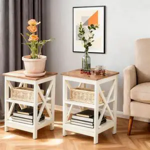End Tables Bedroom Set of 2, Farmhouse Sofa Side Table with Storage Shelves, Ivory End Tables Bedroom Set of 2, Farmhouse Sofa Side Table with Storage Shelves, Ivory