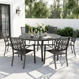 Round Patio Table and Chairs Set, Outdoor Dining Set for 6, 7 Piece Metal Patio Furniture, 54" Black Table for Patio, Deck, Yard, Porch Round Patio Table and Chairs Set, Outdoor Dining Set for 6, 7 Piece Metal Patio Furniture, 54" Black Table for Patio, Deck, Yard, Porch