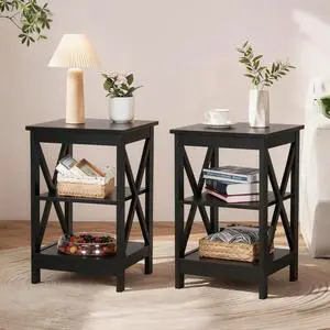 Farmhouse End Table Set of 2 with Storage Shelves, 3-Tier Sofa Side Table Nightstand Bedside Table for Living Room Bedroom Office, Expresso Farmhouse End Table Set of 2 with Storage Shelves, 3-Tier Sofa Side Table Nightstand Bedside Table for Living Room Bedroom Office, Expresso