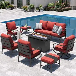 Patio Furniture Sets for 9 with 45" Gas Fire Pit Table Outdoor Conversation Sets 8 Pcs, 2xSofa Chairs, 2xSwivel Cushion Chairs, 1x3-Seat Sofa, 2xOttomans for Porch Poolside Red Patio Furniture Sets for 9 with 45" Gas Fire Pit Table Outdoor Conversation Sets 8 Pcs, 2xSofa Chairs, 2xSwivel Cushion Chairs, 1x3-Seat Sofa, 2xOttomans for Porch Poolside Red